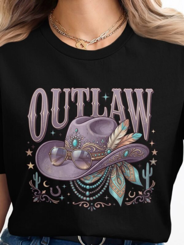 Outlaw Cowgirl T-Shirt, Boho Western Aesthetic Shirt with Bejeweled Hat & Sunglasses, Country Music Festival Tee Gift for Her