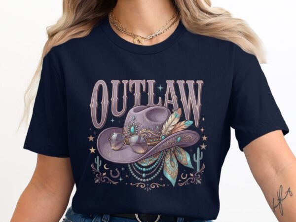Outlaw Cowgirl T-Shirt, Boho Western Aesthetic Shirt with Bejeweled Hat & Sunglasses, Country Music Festival Tee Gift for Her