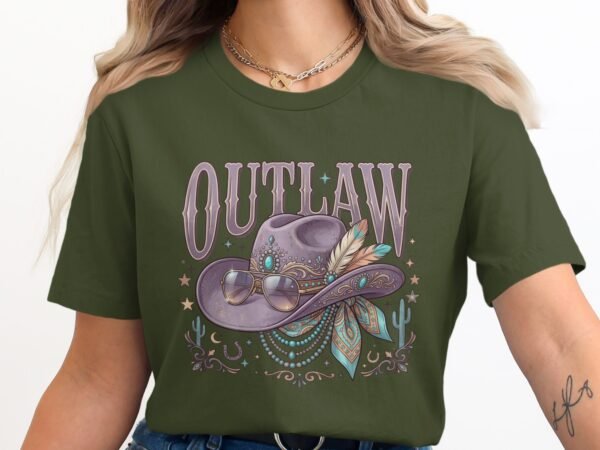 Outlaw Cowgirl T-Shirt, Boho Western Aesthetic Shirt with Bejeweled Hat & Sunglasses, Country Music Festival Tee Gift for Her