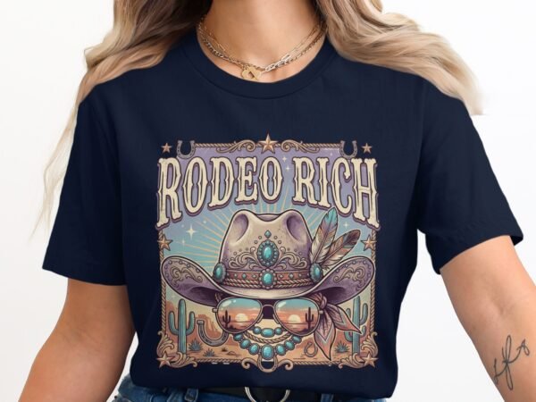 Rodeo Rich Western T-Shirt, Cowgirl Boho Turquoise Cowboy Hat Tee, Desert Sunset Country Music Festival Top, Vintage Southwestern Shirt