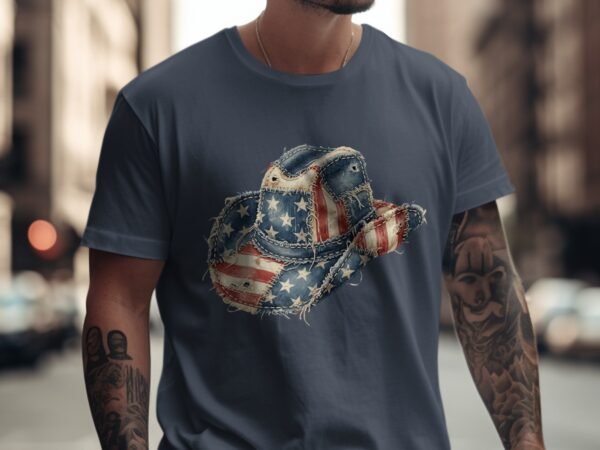 Distressed American Flag Cowboy Hat Graphic T-Shirt