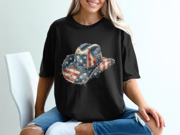 Distressed American Flag Cowboy Hat Graphic T-Shirt