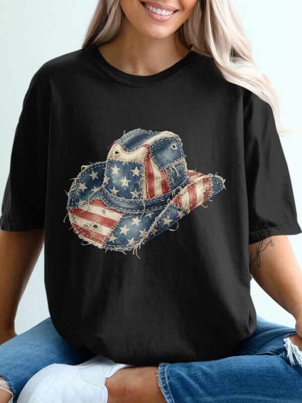 Distressed American Flag Cowboy Hat Graphic T-Shirt
