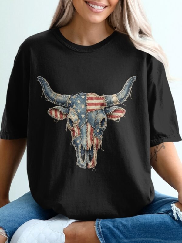 Patriotic Denim Skull T-Shirt | Americana Western Tee