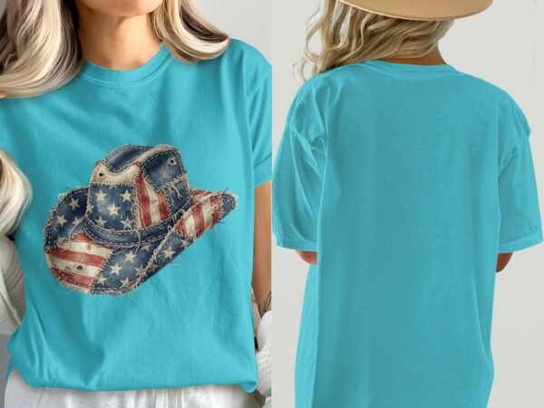 Distressed American Flag Cowboy Hat Graphic T-Shirt