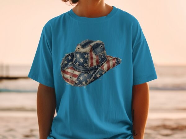 Distressed American Flag Cowboy Hat Graphic T-Shirt