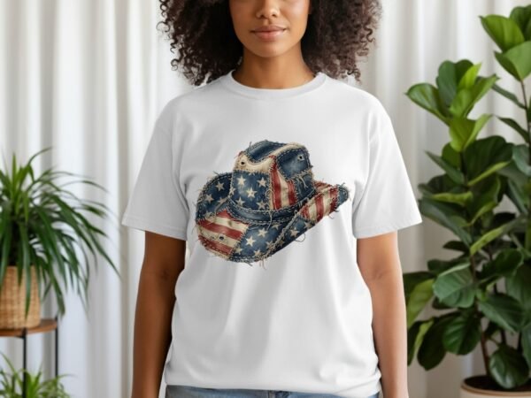Distressed American Flag Cowboy Hat Graphic T-Shirt