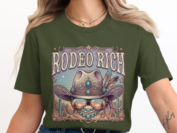 Rodeo Rich Western T-Shirt, Cowgirl Boho Turquoise Cowboy Hat Tee, Desert Sunset Country Music Festival Top, Vintage Southwestern Shirt