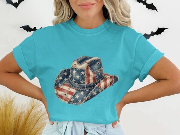 Distressed American Flag Cowboy Hat Graphic T-Shirt