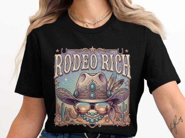 Rodeo Rich Western T-Shirt, Cowgirl Boho Turquoise Cowboy Hat Tee, Desert Sunset Country Music Festival Top, Vintage Southwestern Shirt