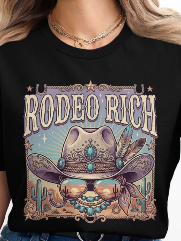 b9a51907-de68-4ef5-925e-772096fd421f Rodeo Rich Western T-Shirt, Cowgirl Boho Turquoise Cowboy Hat Tee, Desert Sunset Country Music Festival Top, Vintage Southwestern Shirt